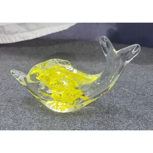 Vintage Clear Yellow Dolphin Fish Art Glass Paperweight Decor 4"L x 3"H SEE DESC